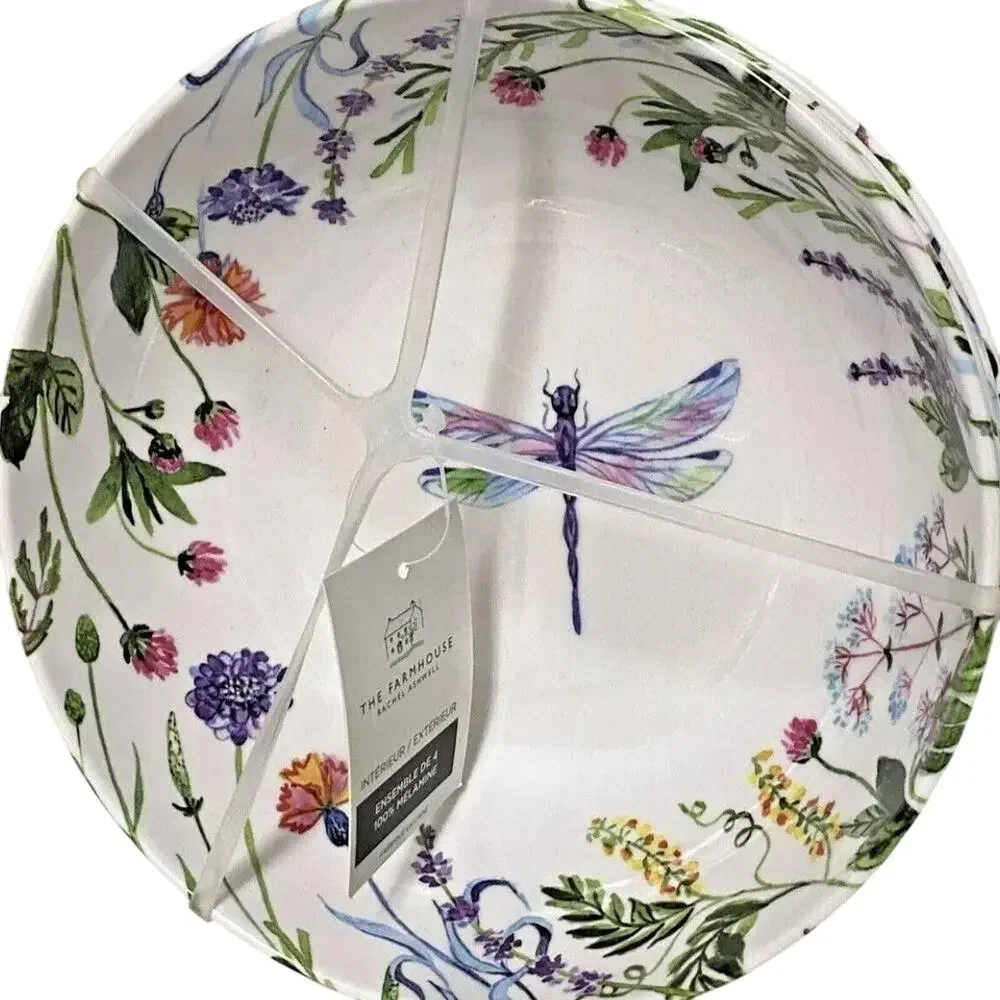 4pc Rachel Ashwell Farmhouse Melamine Spring Floral DRAGONFLY Melamine Bowls New